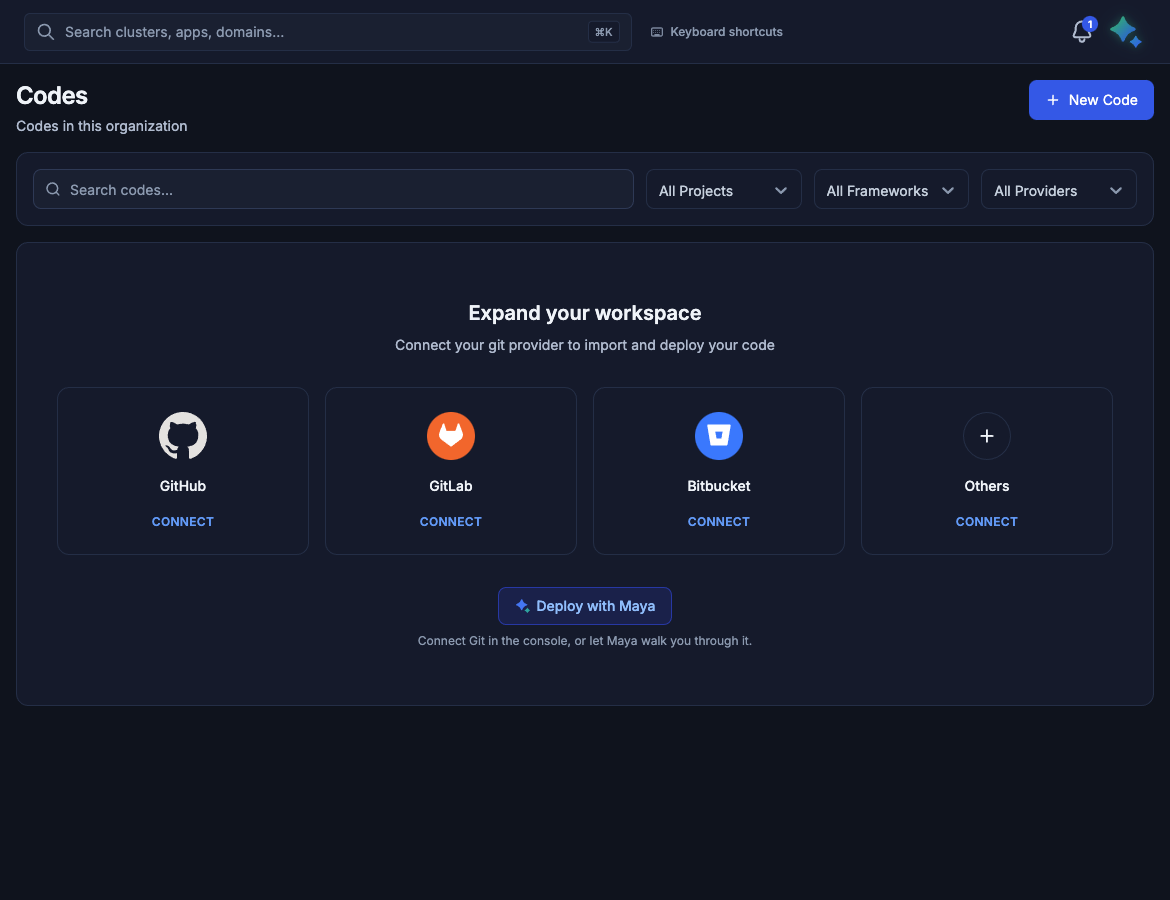 Codes page before a repository is connected