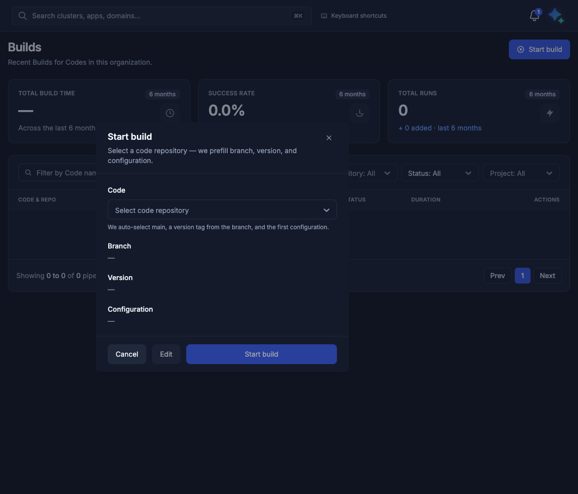 Start build dialog before a code is selected