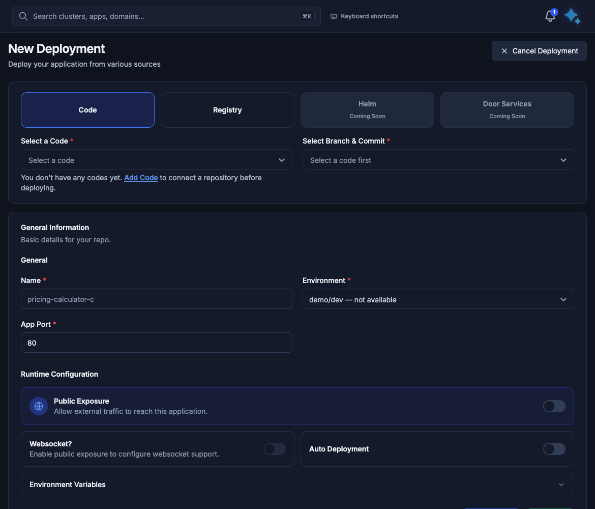 New Deployment from a code, with no code in the organization