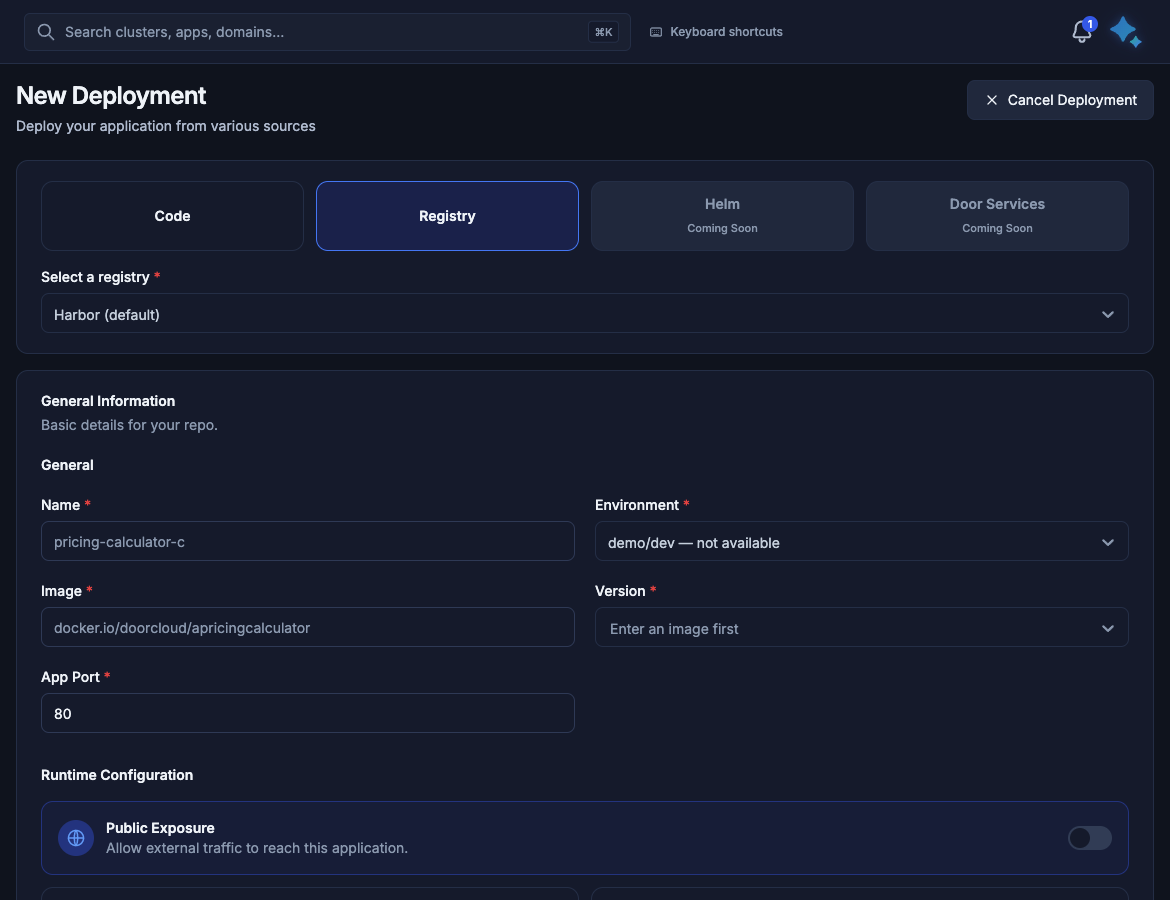 New Deployment from a registry