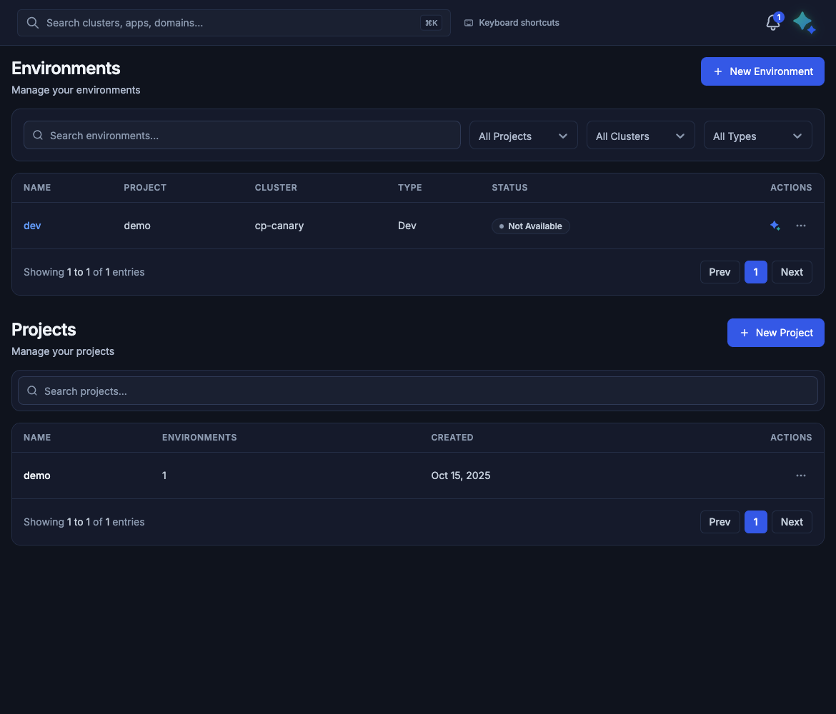 Environments in the demo organization