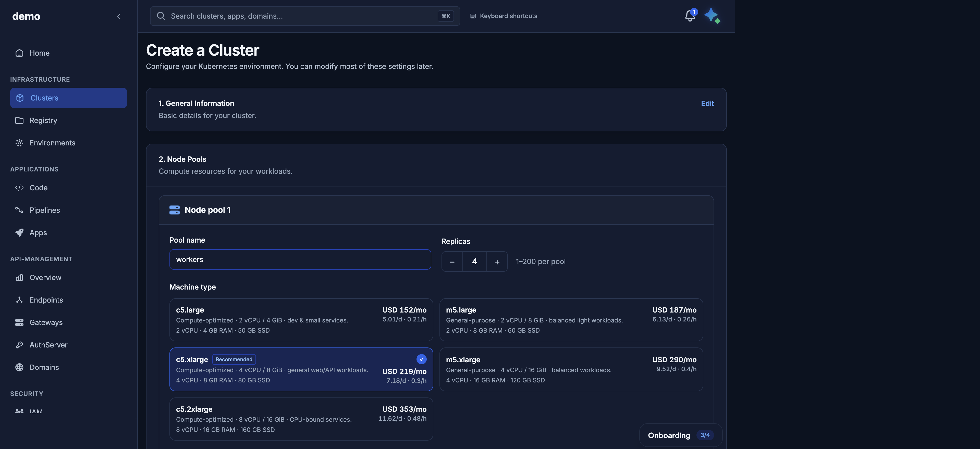 Node pools step: pool name, replicas, machine type