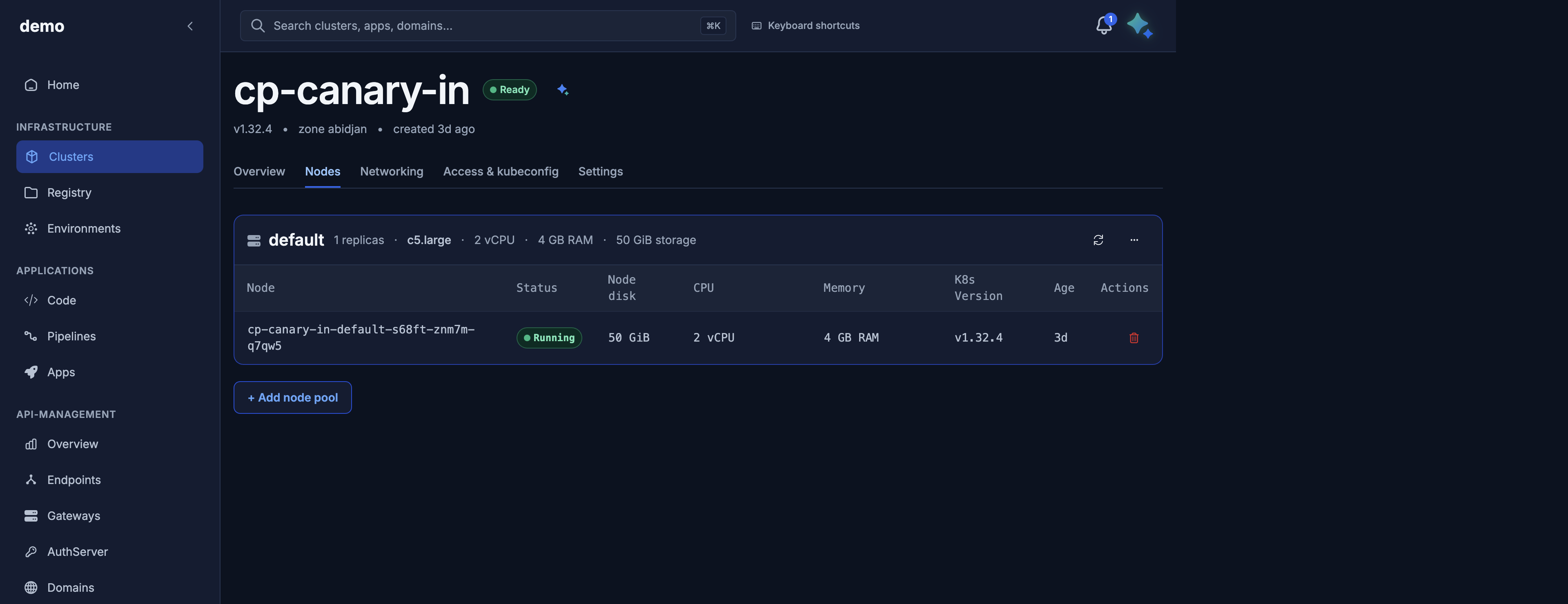 Nodes tab: one pool and its workers