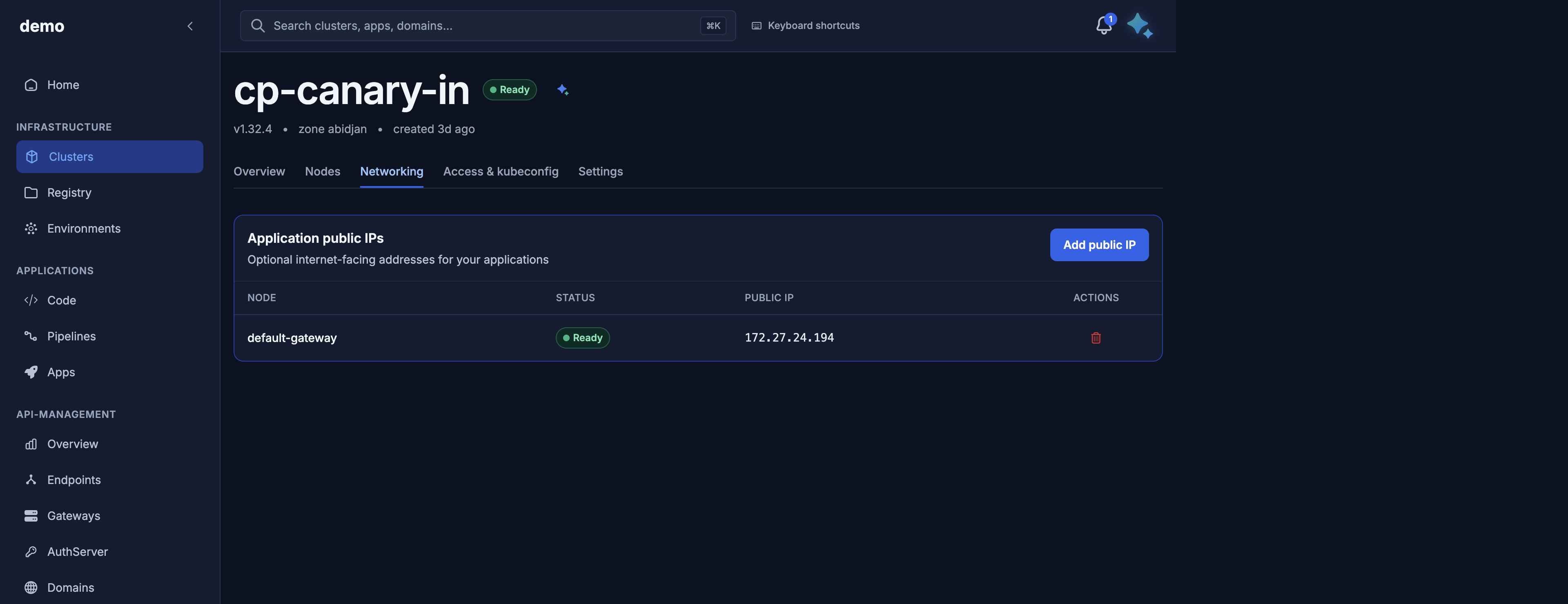 Networking tab: application public IPs