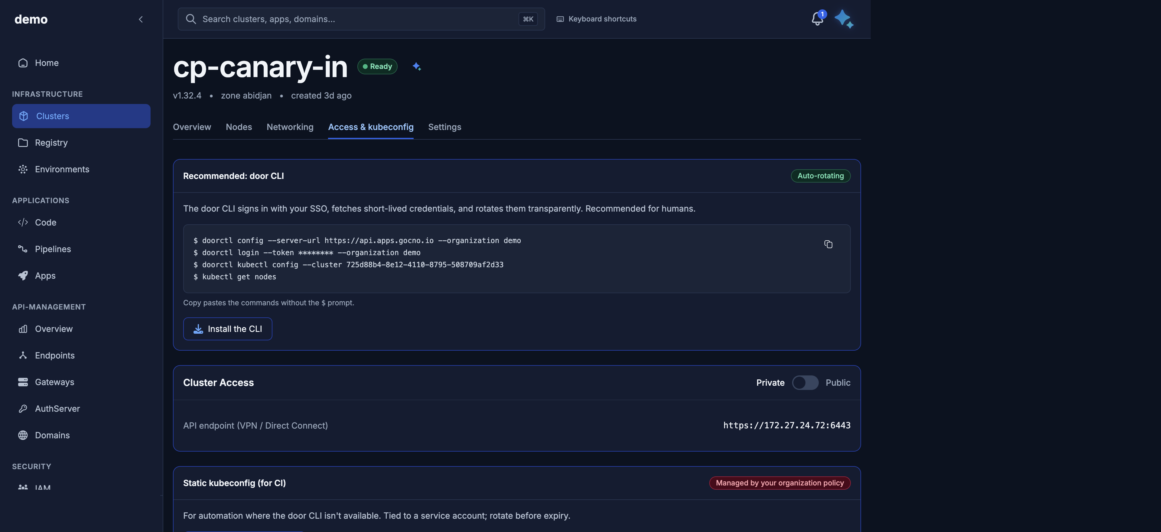 Access and kubeconfig: door CLI, exposure, static kubeconfig