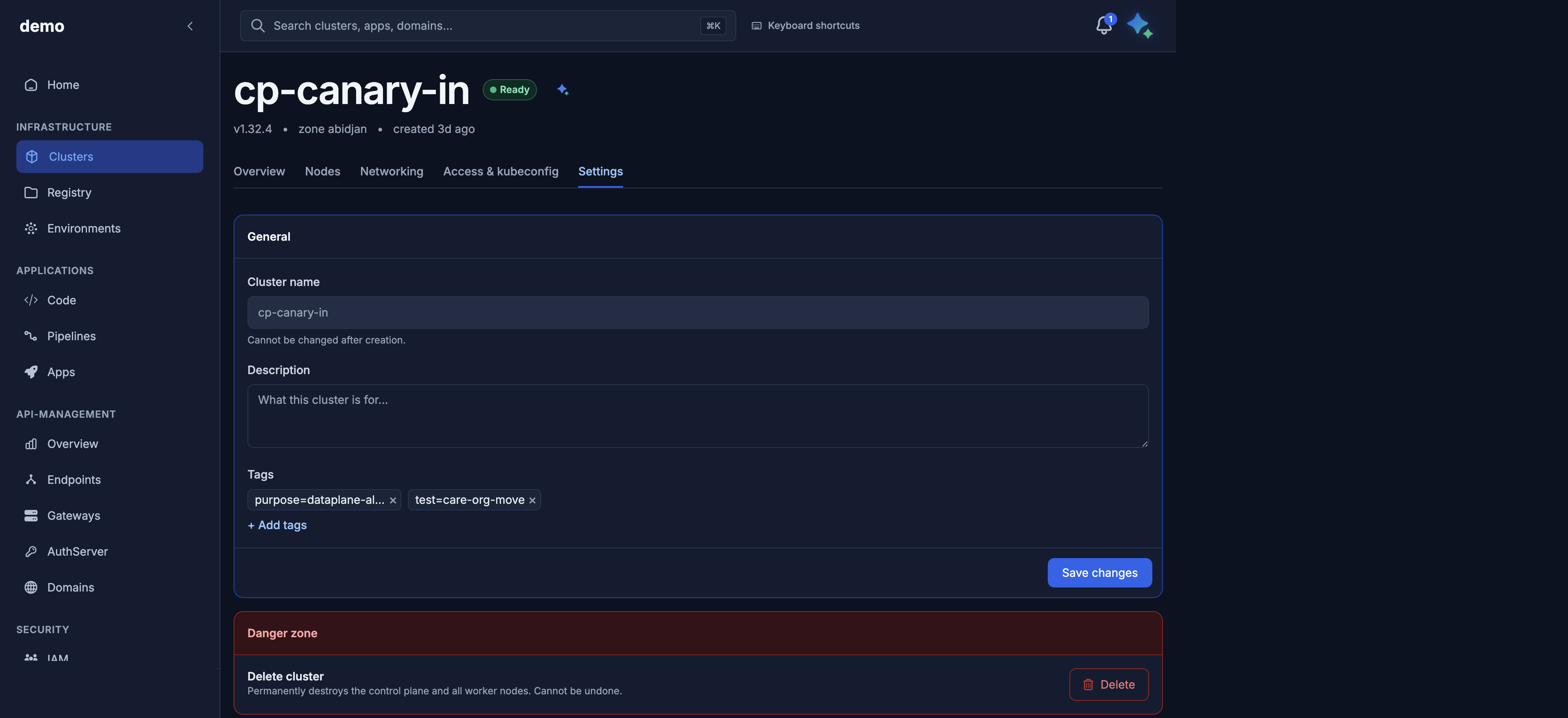 Settings: description, tags, and the danger zone