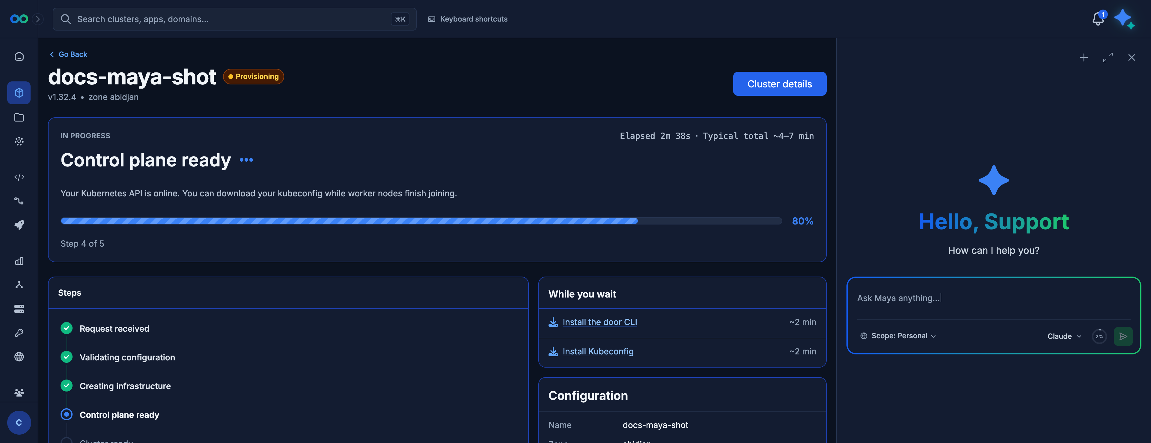 Provisioning screen for the cluster Maya created, step 4 of 5, Maya still open