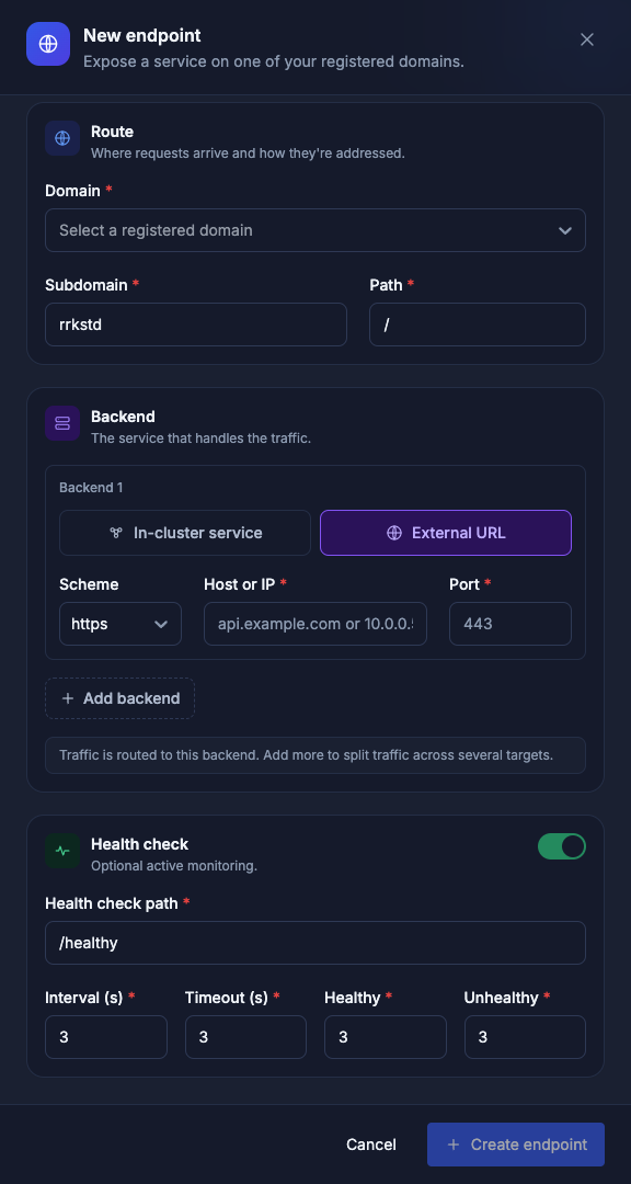 External URL backend and health check