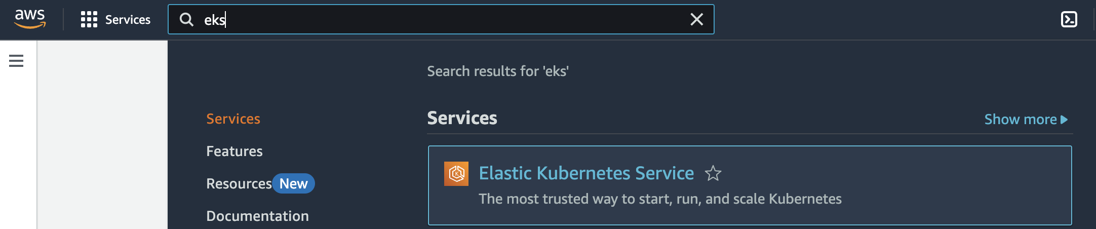 search bar showing EKS