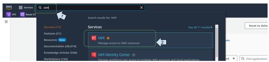 AWS service search bar showing IAM